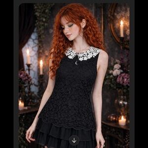 Anthropologie | E by Eloise Black Lace Top, Ivory Peter Pan Floral Collar (XS)